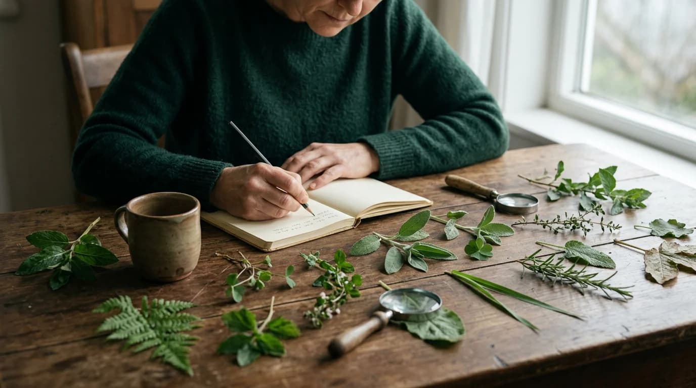 Open notebook with botanical specimens